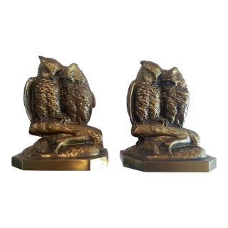 Mid-Century Brass Owls Couple Bookends - a Pair For Sale