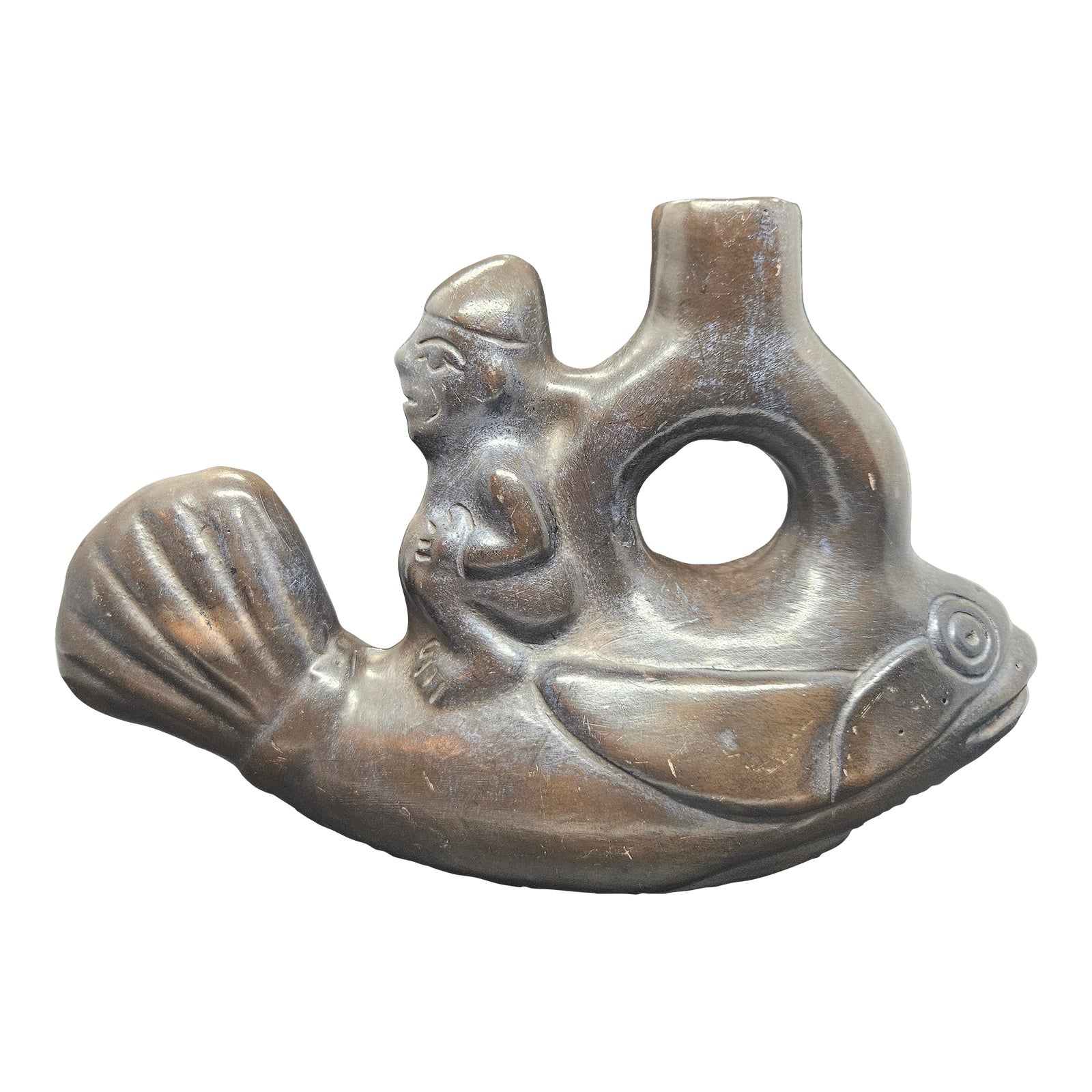 Vintage Chim-Inca Style Blackware Man of Fish. | Chairish