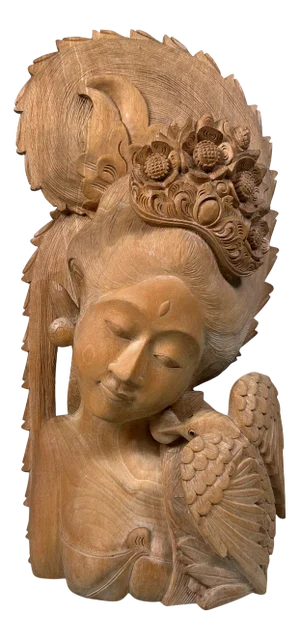 Vintage Balinese Woman with Hummingbird Sculpture in Wood, 1950s