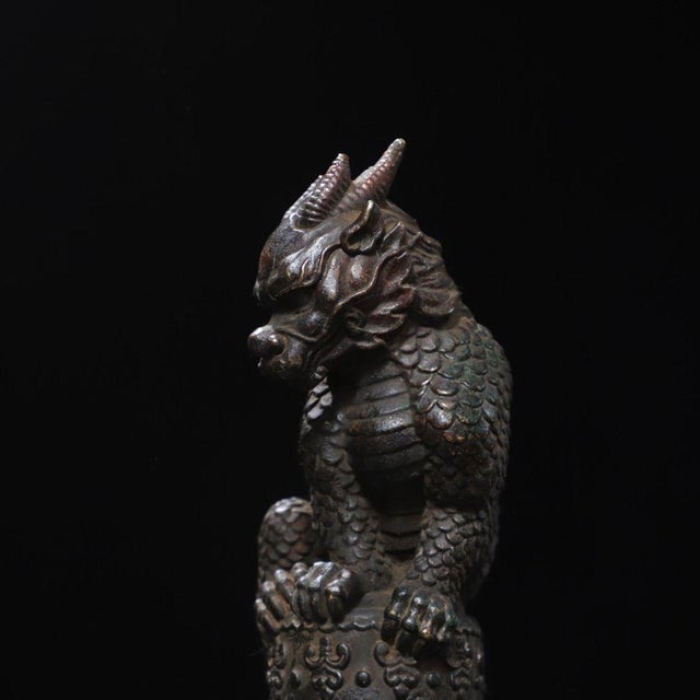 Metal Vintage Gilt Brass Qilin Figure - Mythical Beast on Column For Sale - Image 7 of 9