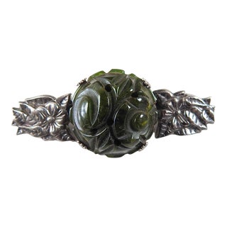 Vintage 1940's Green Carved Bakelite and Silver Plate Floral Brooch For Sale