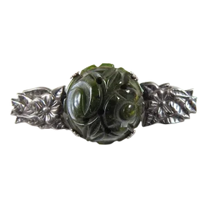 Vintage 1940's Green Carved Bakelite and Silver Plate Floral Brooch