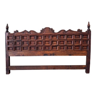 Vintage Spanish Brutalist Hand-Carved Raised Panel King Headboard For Sale