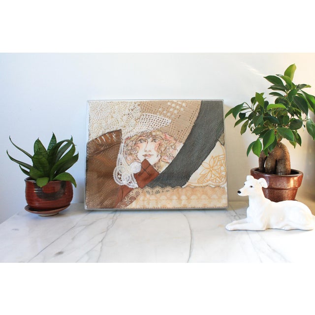 Vintage drawing & embroidery collage wall hanging. Signed by artist on back.