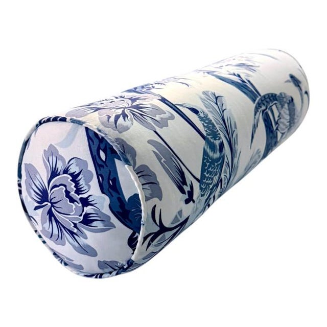 Blue & White Chinoiserie Bolster Pillow – Bird & Botanical Motif For Sale - Image 4 of 6