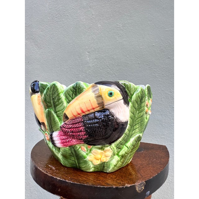 Figurative Vintage Majolica Toucan Sculptural Bowl — Tropical Leaf Surround, Hand Painted For Sale - Image 3 of 7