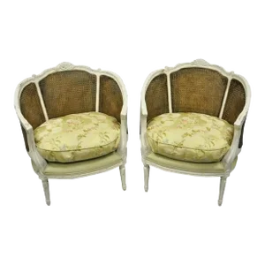 Mid 20th Century French Louis XVI Style White Distress Painted Cane Bergere Club Chairs - a Pair