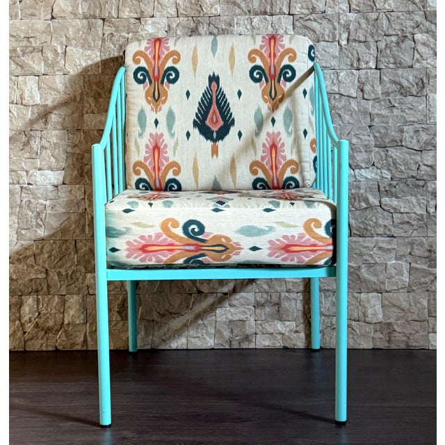 Pair of Wrought Iron Turquoise Lounge Chairs with Outdoor Geometrical Fabric For Sale - Image 17 of 18