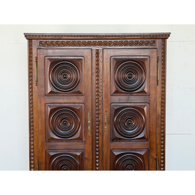 Mid-Century Modern French Brutalist Carved Oak Armoire attributed to Charles Dudouyt, 1940s For Sale - Image 3 of 15