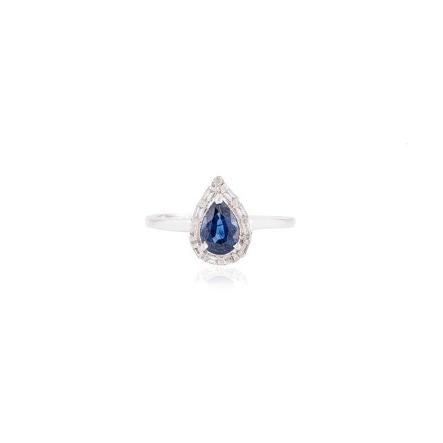Contemporary Natural Blue Sapphire Diamond Pear Engagement Ring Size 8 in 14k White Gold For Sale - Image 3 of 13