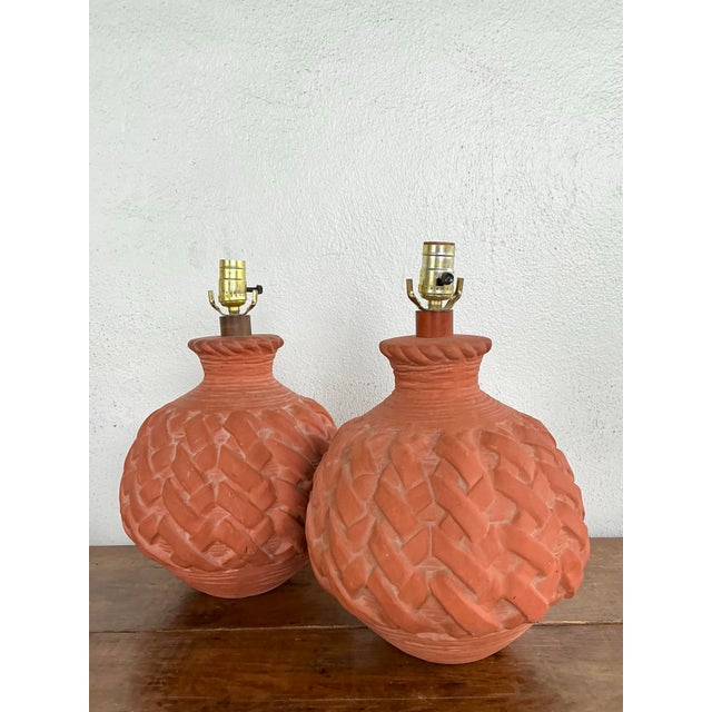 Vintage Terracotta Faux Weave Lamps - A Pair For Sale - Image 10 of 12