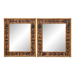 Pair of Painted Wood Mirrors with Bamboo Frames and Tribal Motif Detailing For Sale