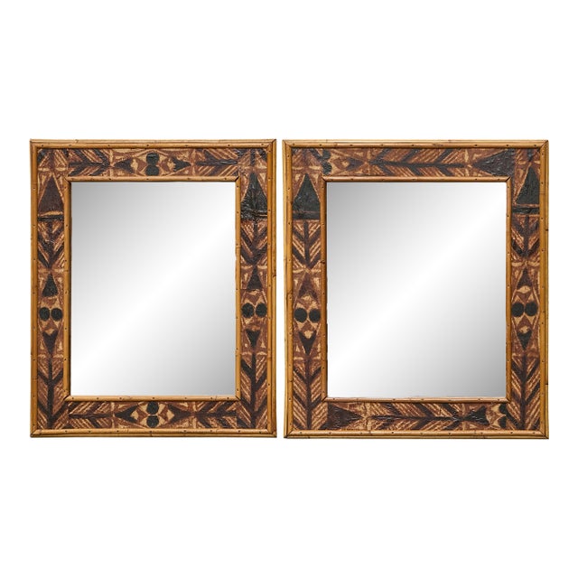 Pair of Painted Wood Mirrors with Bamboo Frames and Tribal Motif Detailing For Sale