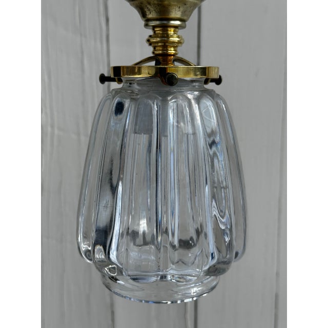 Vintage Brass Semi Flush Mount Fixture With Vintage Glass Shade For Sale - Image 4 of 5