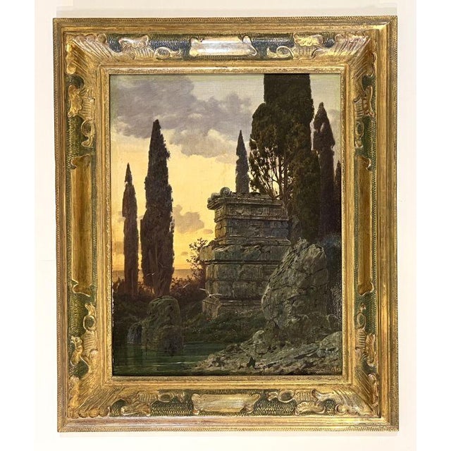 Ferdinand Knab, Ancient Ruin at Sunset, 1900, Oil Painting on Wood, Framed For Sale - Image 8 of 8