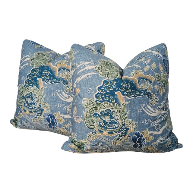Brunschwig & Fils Shishi Dragon 22" Pillows in Turquoise With Samuel and Sons Micro Cord For Sale