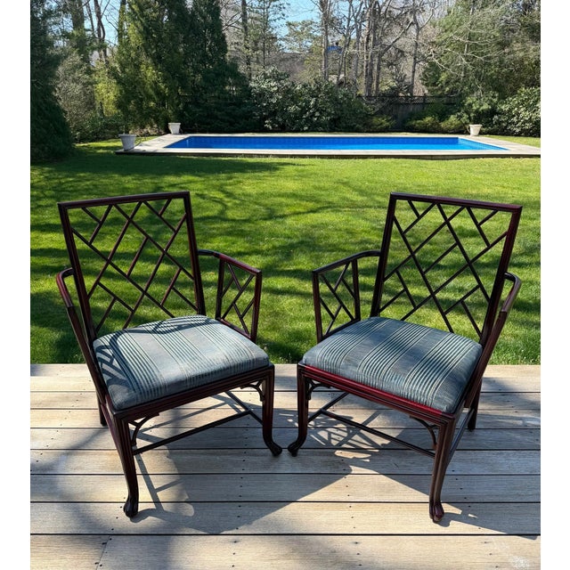 Wood Air of Baker Chinoiserie Lacquered Lounge Chairs With Geometric Lattice Backs & Upholstered Seats For Sale - Image 7 of 18