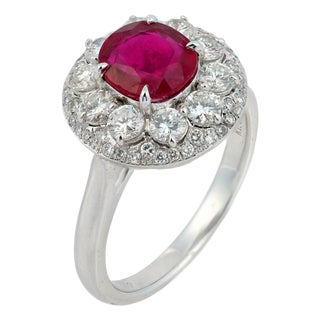 Vintage 1.61 Carat Ruby Diamond Platinum Cluster Ring, Size 6.75 For Sale
