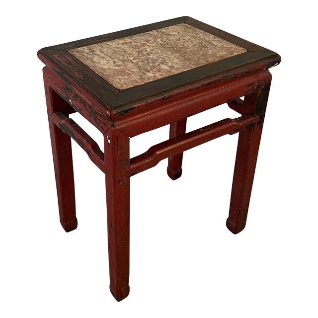 Antique 19th Century Chinese Hard Wood Small Table or Stool With Marble Insert For Sale
