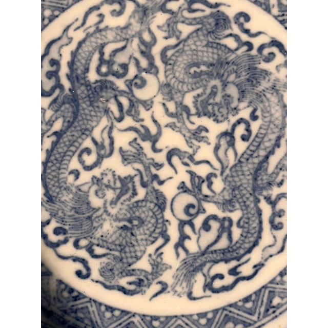 Late 20th Century Vintage Chinese Blue & White Porcelain Dragon Platter 12" Charger Plate Lions For Sale - Image 5 of 7