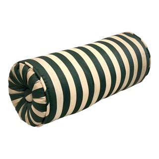 Vintage Green Stipe Chintz Bolster Pillow With Button Ends For Sale
