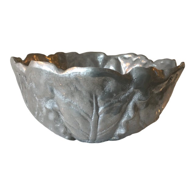 Silver Textured Metal Leaf Bowl For Sale