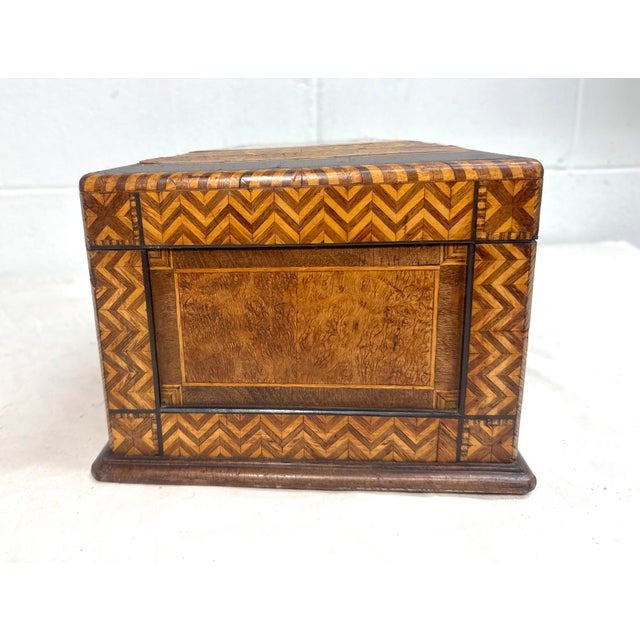 Wood Antique 19th Century Handmade Inlaid Marquetry Parquetry Wood Jewelry Sewing Box For Sale - Image 7 of 17