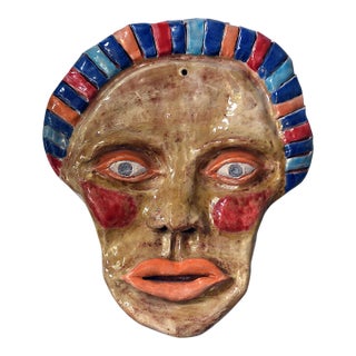 Mid 20th Century Vibrant Wall Ceramic Face Mask Art Sculpture For Sale