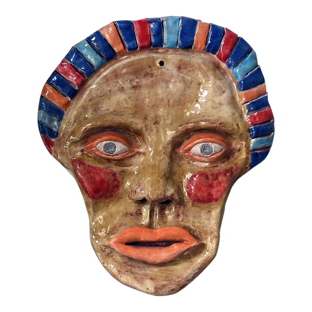 Mid 20th Century Vibrant Wall Ceramic Face Mask Art Sculpture For Sale