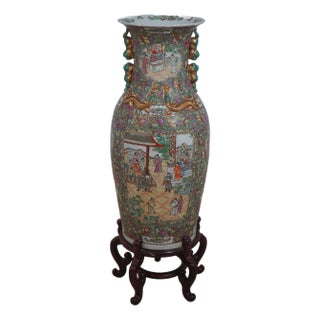 Large Chinese Porcelain Rose Medallion Floor Vase on Stand For Sale
