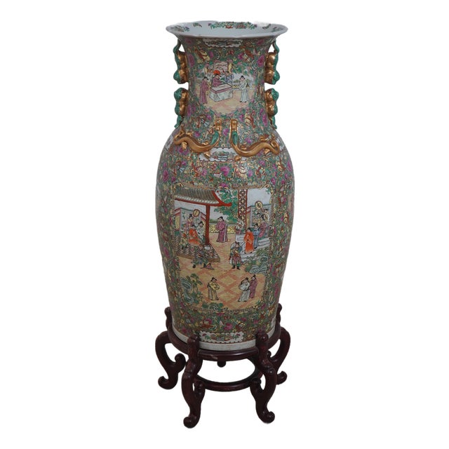 Large Chinese Porcelain Rose Medallion Floor Vase on Stand For Sale