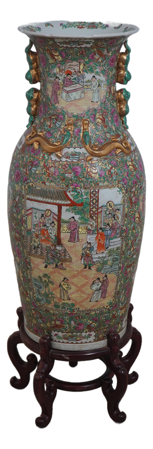 Large Chinese Porcelain Rose Medallion Floor Vase on Stand