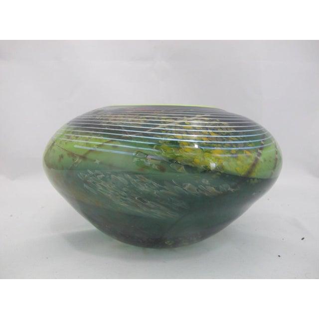 Contemporary Suzanne Kindland Handblown Icefire Studio Art Glass Green Blue Bowl Vase For Sale - Image 3 of 10