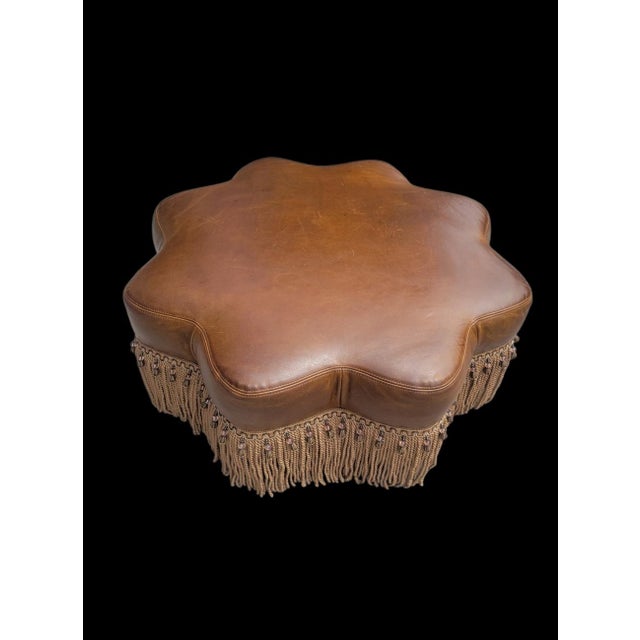 Vintage Genuine Leather Large Ralph Lauren Style Scalloped Camel Ottoman With Bullion Fringe For Sale In West Palm - Image 6 of 17