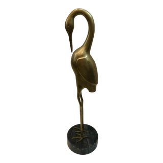 Tall Midcentury Italian Brass Crane Statue on Marble Stand For Sale