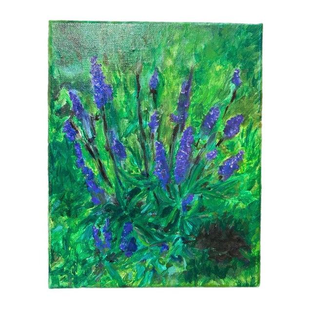 A vibrant painting of lavender blossoms emerging from lush green foliage. Rich layers of expressive brushwork and luminous...