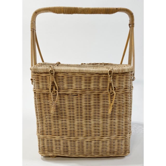 Wood Vintage Wicker Picnic Basket With Beverage Caddy Utensil Storage For Sale - Image 7 of 7