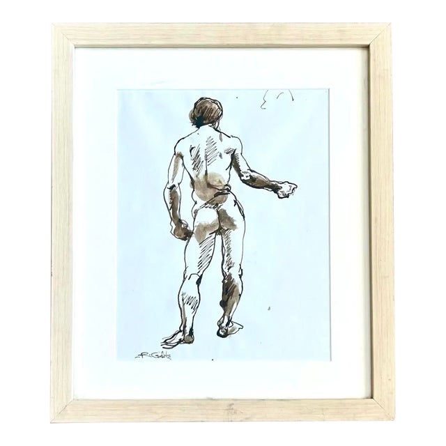 Vintage Boho Nude Male Figure Drawing For Sale