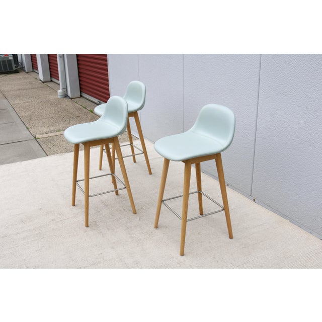 Danish Iskos-Berlin for Muuto Leather Fiber Counter Stools Wood Base - Set of 3 For Sale In New York - Image 6 of 18