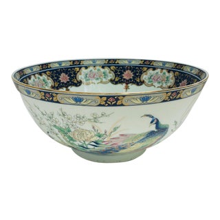 Late 20th Century Large Japanese Porcelain Bowl With Peacocks, Cherry Blossoms and Pink Chrysanthemums For Sale