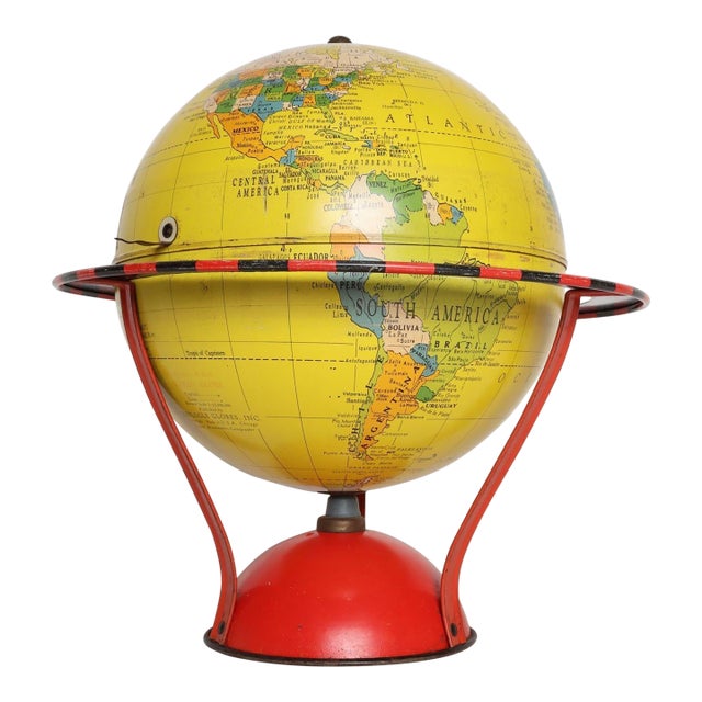 Vintage Replogle Yellow and Red Tin Litho "Globe Grams' Spinning World Globe For Sale