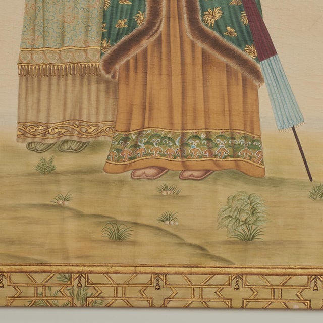 Large Oriental Style Painting of Figures in a Garden For Sale - Image 9 of 12