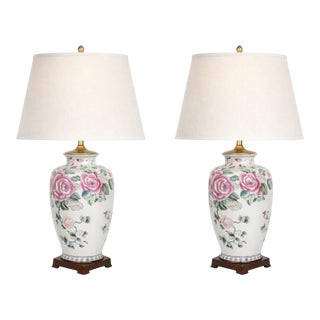 1980s Chinoiserie Style Porcelain Table Lamps – Pair With Etched Botanical Motif and Wooden Bases - a Pair For Sale