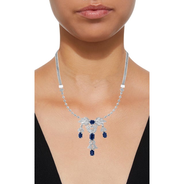 2020s Agi Natural Blue Sapphire & Diamond Necklace 18 Karat White Gold, Suite, Estate For Sale - Image 5 of 8