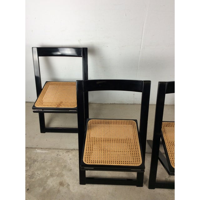 Mid-Century Modern Set of 4 Folding Chairs With Black Lacquer Finish and Caned Seats For Sale - Image 3 of 18