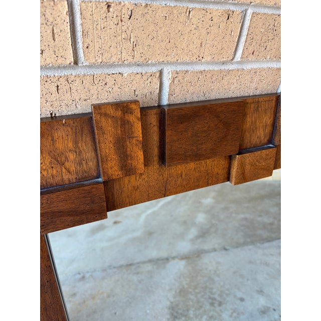 Lane Brutalist Walnut Mid Century Modern Stacked Wood Mirror.