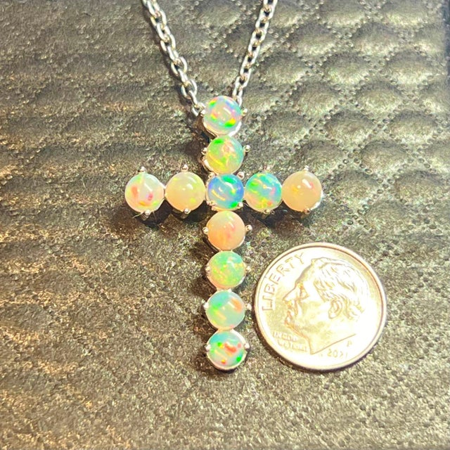 Natural Opal Cross Pendant Necklace 20" 14k WG 4.50 CT Certified For Sale In New York - Image 6 of 11