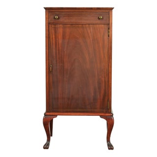 Antique Victorian Carved Inlaid Mahogany Music Cabinet, Circa 1900 For Sale