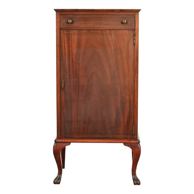 Antique Victorian Carved Inlaid Mahogany Music Cabinet, Circa 1900 For Sale