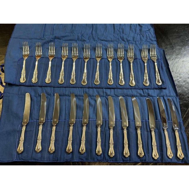 Russell Pattern Twelve-Piece Silver-Plated Dessert Knife and Fork Set by Mappin & Webb, Set of 24 For Sale - Image 4 of 4